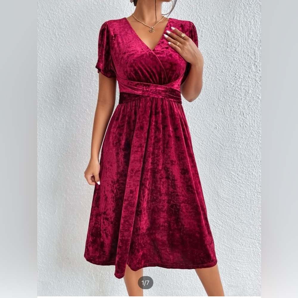 Women’s Red Velvet Midi Modest Dress S